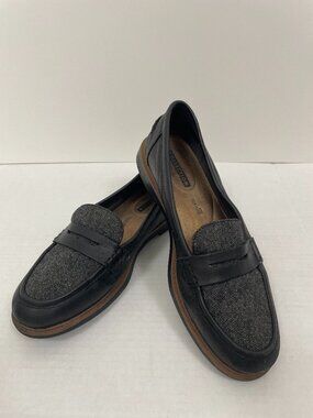 Women’s Clarks Raisie Eletta Penny Loafers Black with Grey Tweed Size : 9